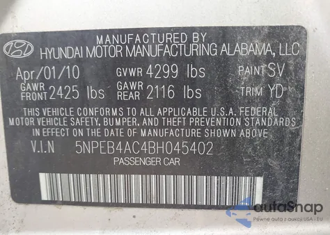 2011 Hyundai Sonata Gls из США, поврежденный, VIN 5NPEB4AC4BH045402